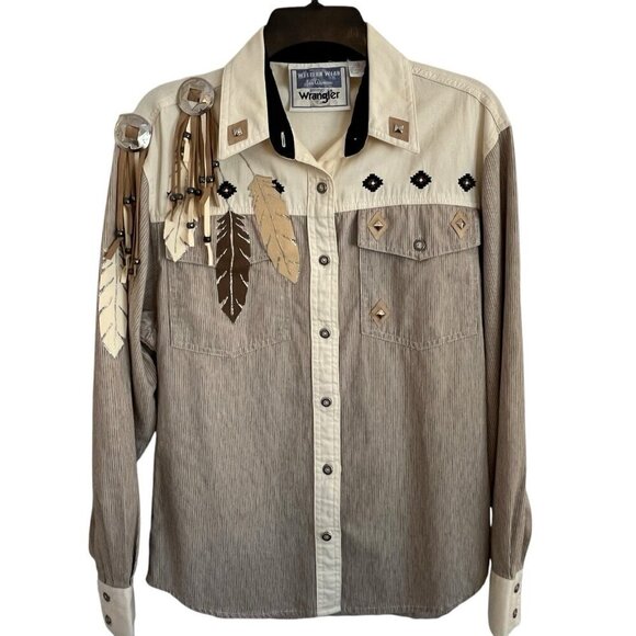 Vtg 80s Womens Wrangler Western Shirt M Native American Concho Feathers Cowgirl - Picture 2 of 15